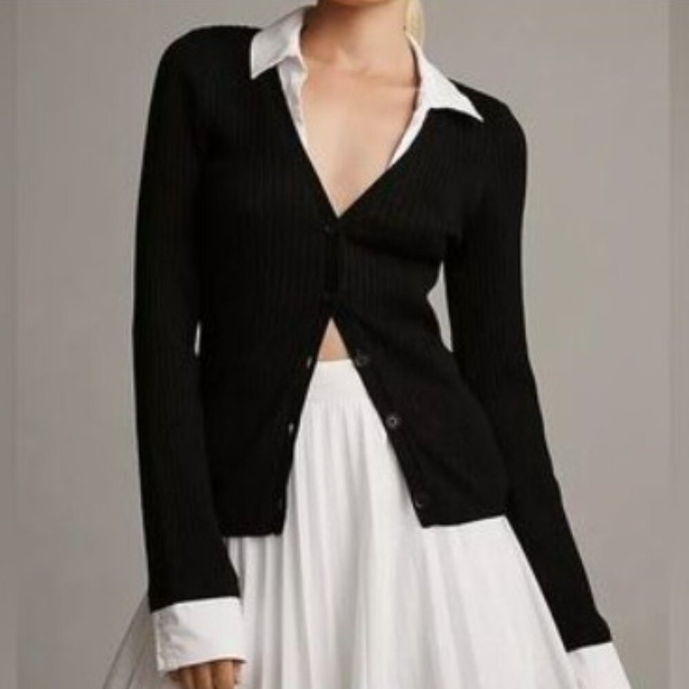 Maeve Anthropologie Top Women XL Black Ribbed Button Stretchy Preppy Chic Office